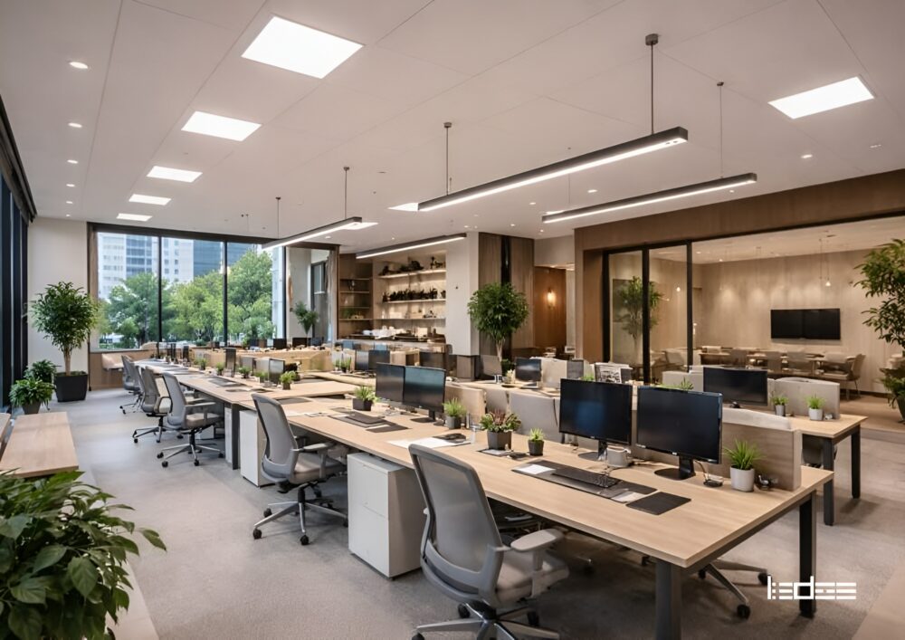 Xu hướng chiếu sáng văn phòng được ưa chuộng 2026 4 Không gian văn phòng xanh kết hợp ánh sáng tự nhiên và đèn LED