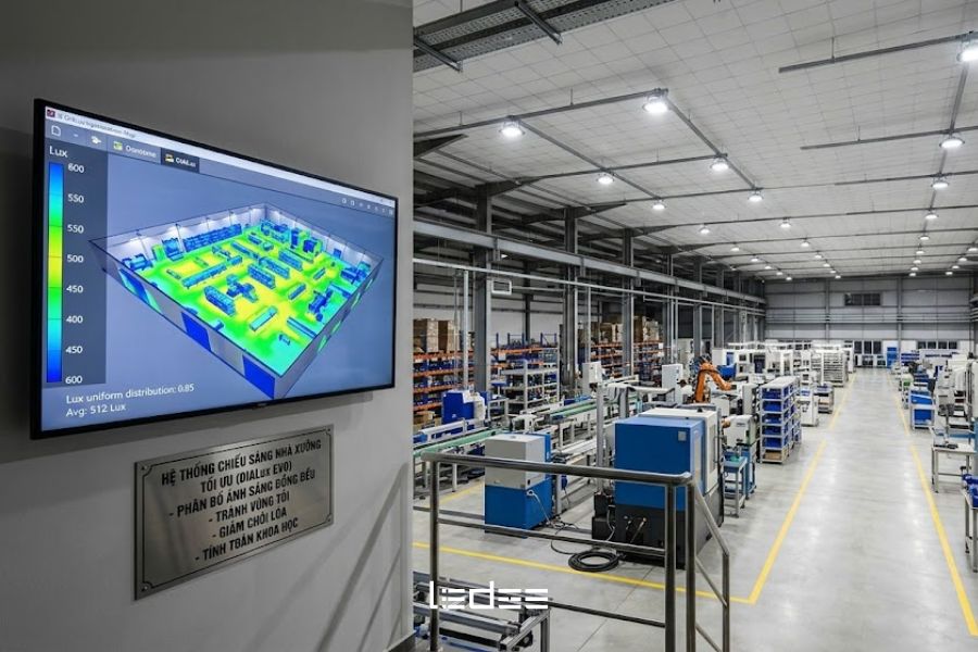 Thiết kế phân bố ánh sáng hợp lý giúp đảm bảo độ sáng đồng đều trong nhà xưởng.