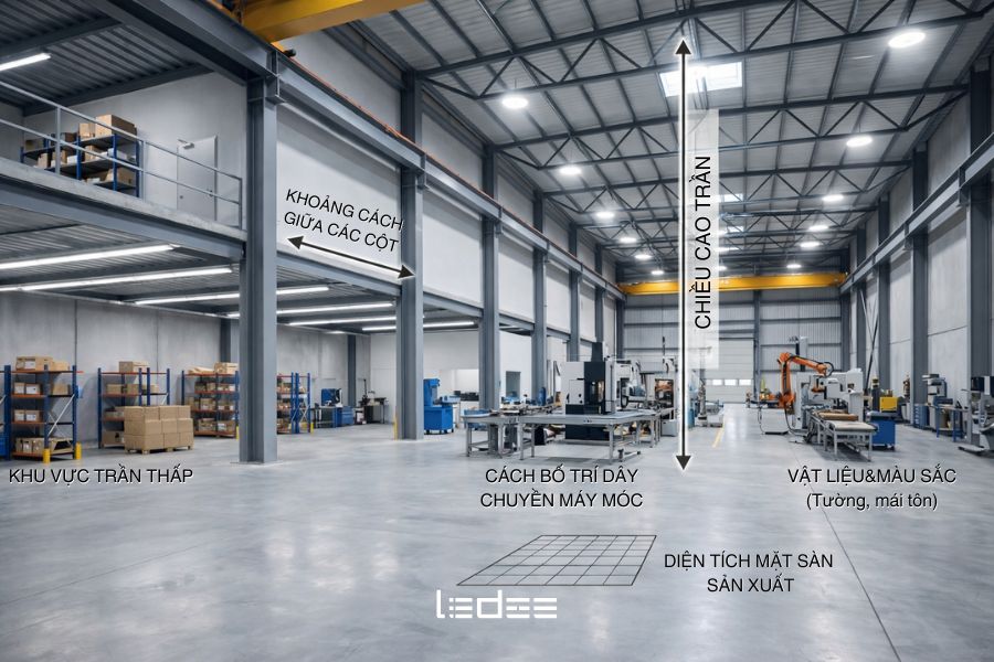 Chiều cao trần, diện tích và bố trí máy móc ảnh hưởng trực tiếp đến thiết kế chiếu sáng nhà xưởng.