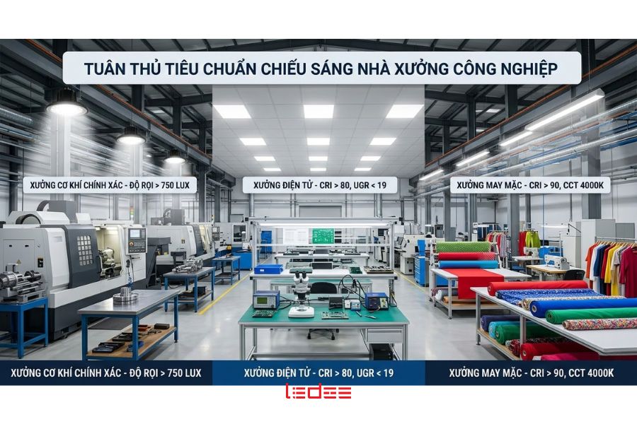 Thiết kế chiếu sáng nhà xưởng cần tuân thủ các tiêu chuẩn ánh sáng công nghiệp