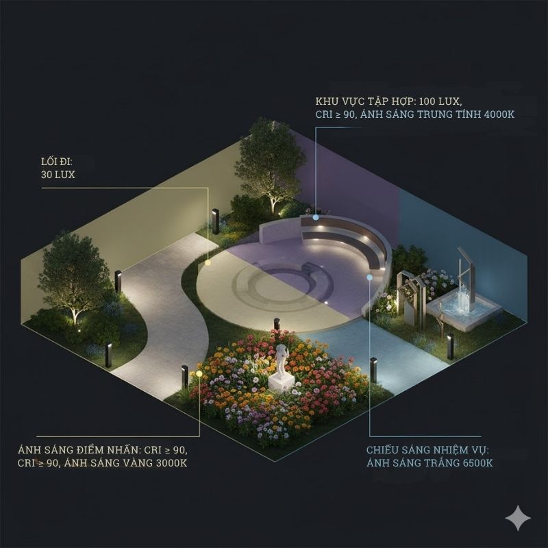 Tỷ lệ độ rọi - CRI - nhiệt độ màu trong chiếu sáng cảnh quan 