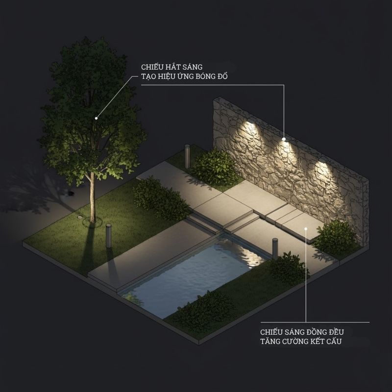 Thiết kế chiếu sáng cảnh quan dựa trên bố cục, chất liệu