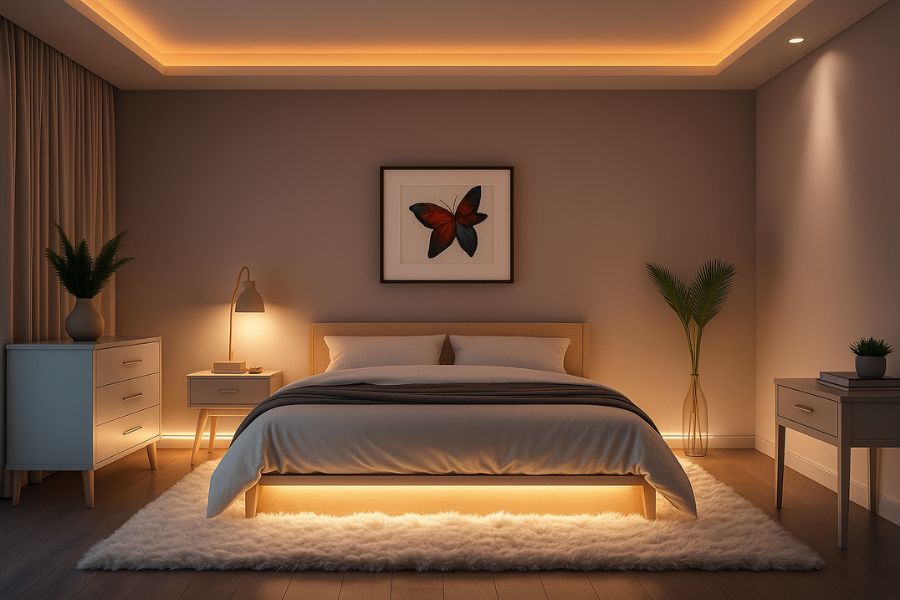 Ánh sáng ấm giúp cơ thể tiết melatonin tự nhiên, mang lại giấc ngủ sâu và tạo cảm giác ấm áp, gần gũi cho không gian.