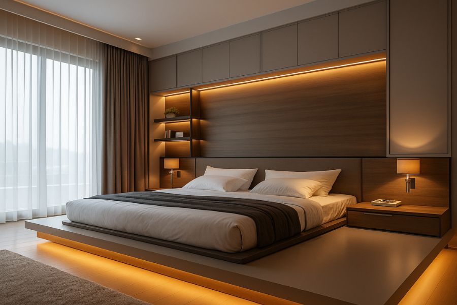 Ánh sáng giúp tôn vinh các vật liệu, chi tiết thiết kế và tăng giá trị thẩm mỹ của phòng ngủ.