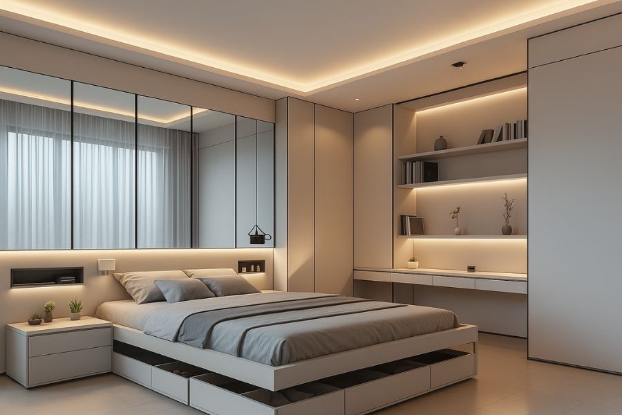 Một phòng ngủ đẹp – sang – thư giãn luôn cần đủ 3 lớp ánh sáng: ánh sáng chính - ánh sáng chức nắng - ánh sáng nhấn