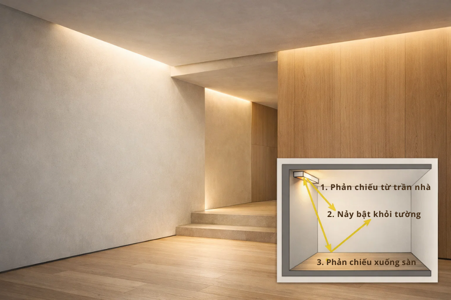 Thiết kế chiếu sáng phong cách tối giản Minimalism - Tinh gọn nhưng đủ đầy 5 Kết hợp ánh sáng gián tiếp và phản xạ ánh sáng