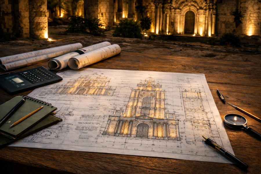 Thông qua bản vẽ chiếu sáng, ý đồ chiếu sáng tổng thể của công trình di sản được xác định rõ ràng ngay từ đầu.