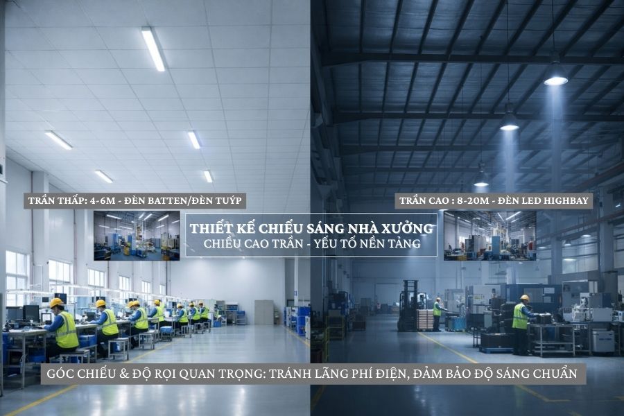 Chiều cao trần là yếu tố nền tảng trong thiết kế chiếu sáng nhà xưởng