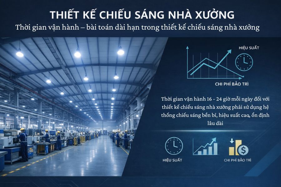 Thiết kế chiếu sáng nhà xưởng cần được xem là khoản đầu tư dài hạn để đảm bảo vận hành liên tục, giảm bảo trì và không gián đoạn sản xuất.
