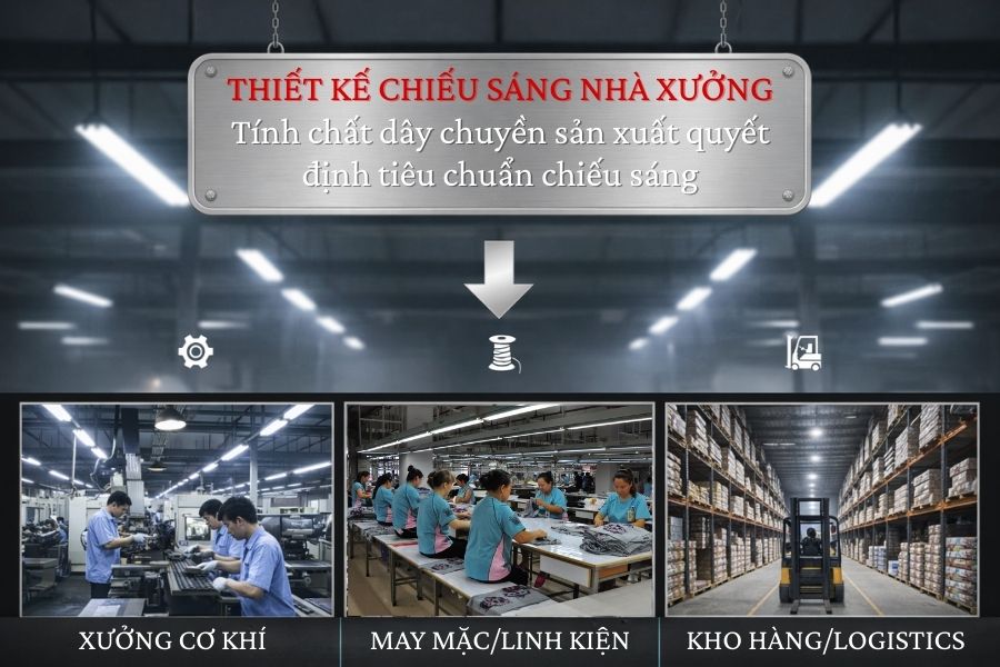 Tính chất dây chuyền sản xuất quyết định tiêu chuẩn chiếu sáng – mỗi ngành nghề cần một giải pháp chiếu sáng nhà xưởng riêng biệt.