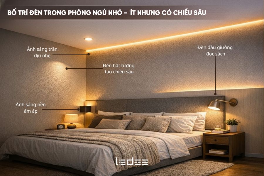 Thiết kế hệ thống đèn phòng ngủ nhỏ và to khác nhau như nào? 4 Bố trí ánh sáng nhiều lớp trong phòng ngủ nhỏ, tạo chiều sâu không gian mà vẫn giữ sự gọn gàng.