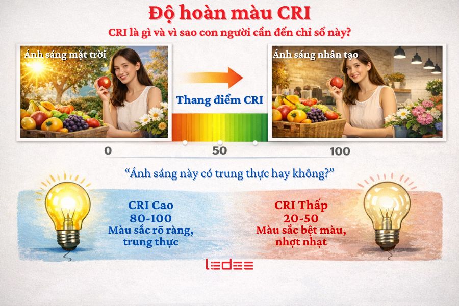 Độ hoàn màu CRI: Thước đo trung thực trong thế giới ánh sáng nhân tạo 2 Chỉ số CRI trong chiếu sáng cho biết mức độ trung thực của ánh sáng khi tái tạo màu sắc vật thể. CRI càng cao, màu sắc càng gần với ánh sáng tự nhiên.