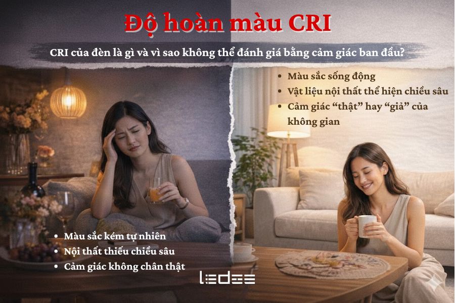 Độ hoàn màu CRI: Thước đo trung thực trong thế giới ánh sáng nhân tạo 4 Độ hoàn màu của đèn không thể đánh giá chỉ bằng cảm giác “sáng” ban đầu, mà thể hiện rõ nhất qua trải nghiệm thị giác sau thời gian sử dụng.