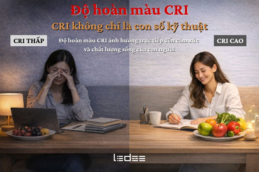 Độ hoàn màu CRI: Thước đo trung thực trong thế giới ánh sáng nhân tạo 3 Độ hoàn màu CRI không chỉ ảnh hưởng đến màu sắc, mà còn tác động trực tiếp đến cảm xúc, sự thư giãn và khả năng tập trung của con người.