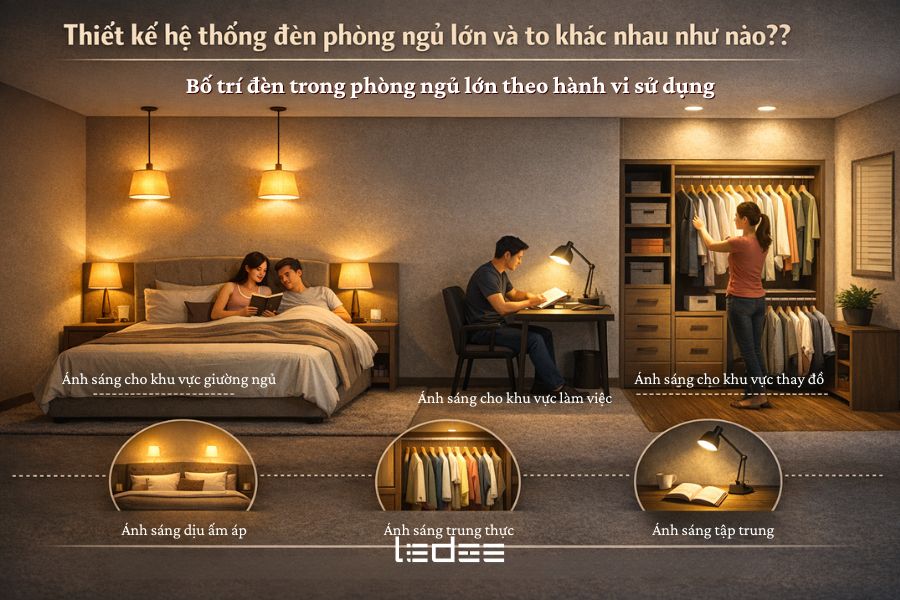 Thiết kế hệ thống đèn phòng ngủ nhỏ và to khác nhau như nào? 7 Ánh sáng phòng ngủ to được bố trí theo từng hành vi sử dụng, đảm bảo sự thoải mái trong mọi hoạt động.