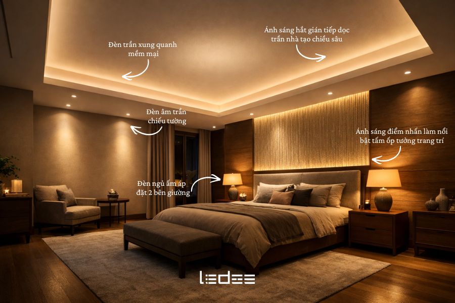 Thiết kế hệ thống đèn phòng ngủ nhỏ và to khác nhau như nào? 6 Ánh sáng trong phòng ngủ to được tổ chức theo cấu trúc, tránh cảm giác trống trải và lạnh.