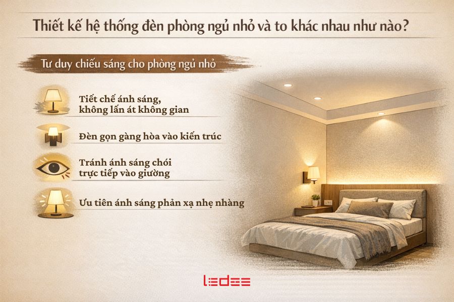 Thiết kế hệ thống đèn phòng ngủ nhỏ và to khác nhau như nào? 3 Ánh sáng trong phòng ngủ nhỏ được tiết chế và kiểm soát, ưu tiên sự êm dịu và cảm giác không gian rộng hơn.