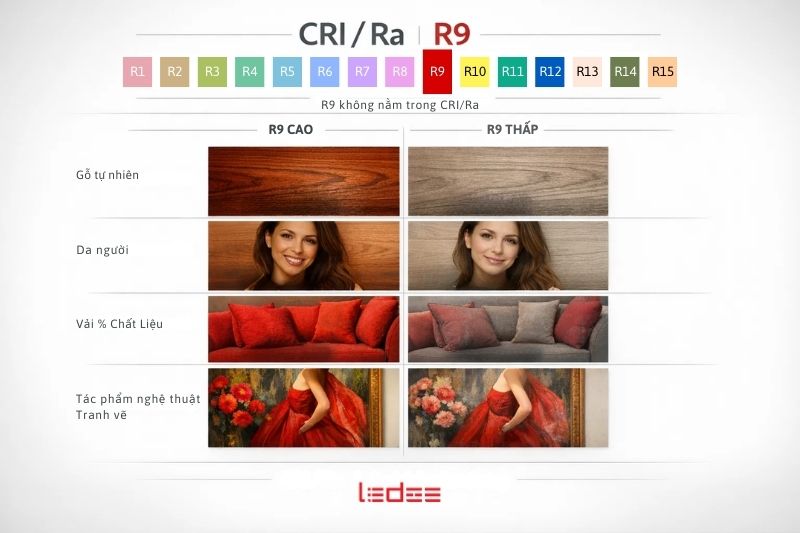 Công thức tính chỉ số hoàn màu CRI cho đèn LED – Biểu đồ Ra & phân tích kỹ thuật 6 R9 - sắc đỏ tác động đến công thức tính chỉ số hoàn màu CRI