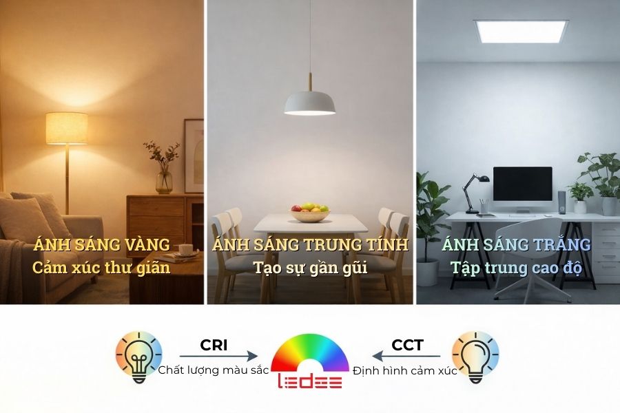 CRI, CCT và UGR – Bộ 3 chỉ số quyết định ánh sáng chuẩn cho công trình kiến trúc nội thất 5 CCT định hình cảm xúc ánh sáng, CRI đảm bảo màu sắc trung thực cho không gian nội thất.