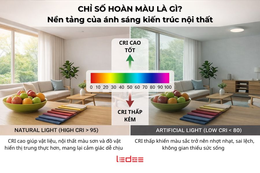 CRI, CCT và UGR – Bộ 3 chỉ số quyết định ánh sáng chuẩn cho công trình kiến trúc nội thất 3 CRI quyết định độ trung thực màu sắc của ánh sáng, giúp không gian nội thất tự nhiên, có chiều sâu và dễ chịu cho mắt.