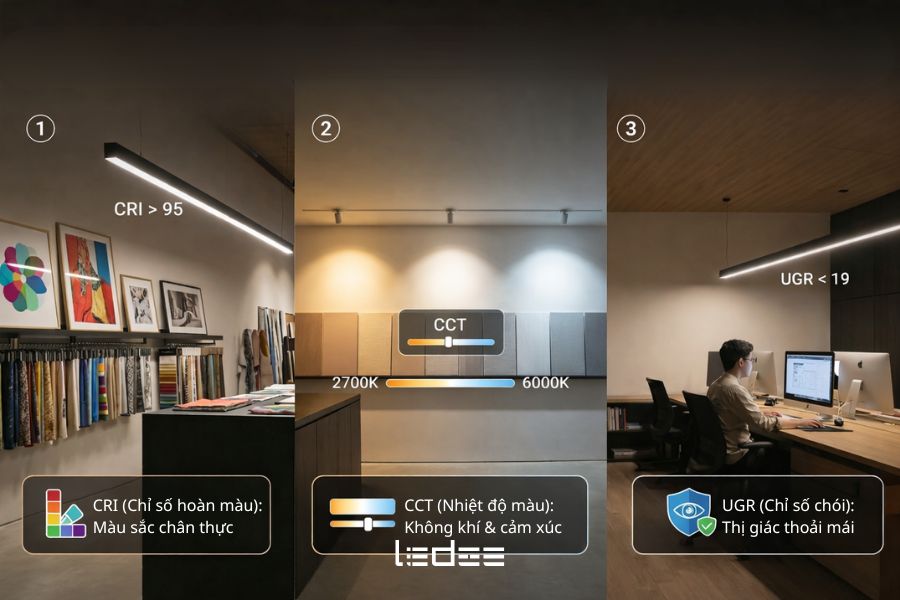 CRI, CCT và UGR – Bộ 3 chỉ số quyết định ánh sáng chuẩn cho công trình kiến trúc nội thất 2 CRI – CCT – UGR là bộ 3 chỉ số cốt lõi quyết định ánh sáng chuẩn, đảm bảo màu sắc trung thực, cảm xúc không gian và sự thoải mái cho thị giác.