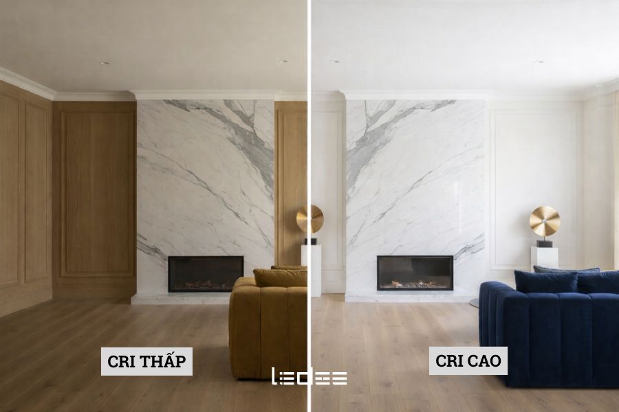 Ảnh hưởng của CRI đến vật liệu và thị giác, sức khoẻ của con người 3 Cùng một vật liệu, nhưng sự khác biệt về CRI khiến màu sắc và chiều sâu thay đổi rõ rệt.