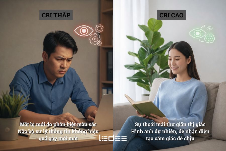 Ảnh hưởng của CRI đến vật liệu và thị giác, sức khoẻ của con người 4 Chỉ số hoàn màu khác nhau tạo ra cảm nhận thị giác hoàn toàn khác biệt dù cùng mức độ sáng.