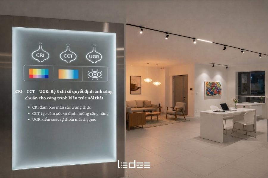 CRI, CCT và UGR – Bộ 3 chỉ số quyết định ánh sáng chuẩn cho công trình kiến trúc nội thất 7 CRI – CCT – UGR tạo thành bộ 3 nền tảng của ánh sáng kiến trúc nội thất, đảm bảo màu sắc trung thực, cảm xúc không gian và sự thoải mái cho thị giác.