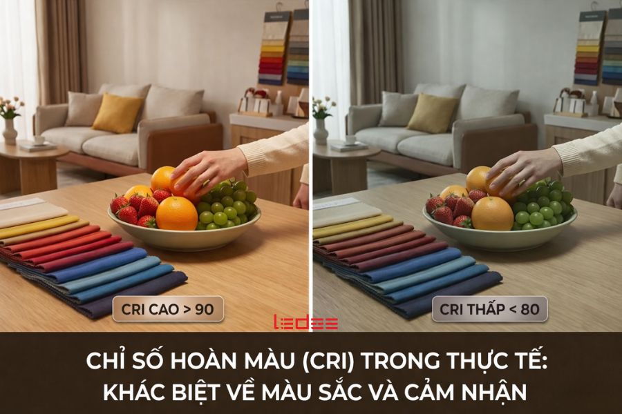 CRI, CCT và UGR – Bộ 3 chỉ số quyết định ánh sáng chuẩn cho công trình kiến trúc nội thất 4 CRI cao giúp màu sắc trung thực hơn, thị giác thoải mái hơn và trải nghiệm không gian tốt hơn.