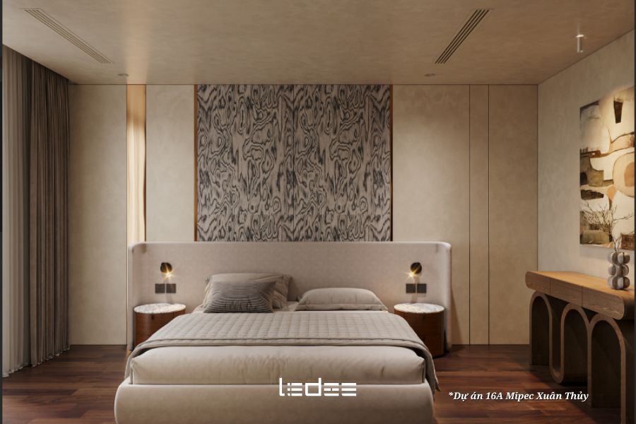 Hướng dẫn thiết kế chiếu sáng phòng ngủ khoa học giúp thư giãn 8 Phòng ngủ hiện đại với hệ thống đèn LED ánh sáng vàng ấm, bố trí đèn âm trần và đèn hắt trần tạo không gian thư giãn.