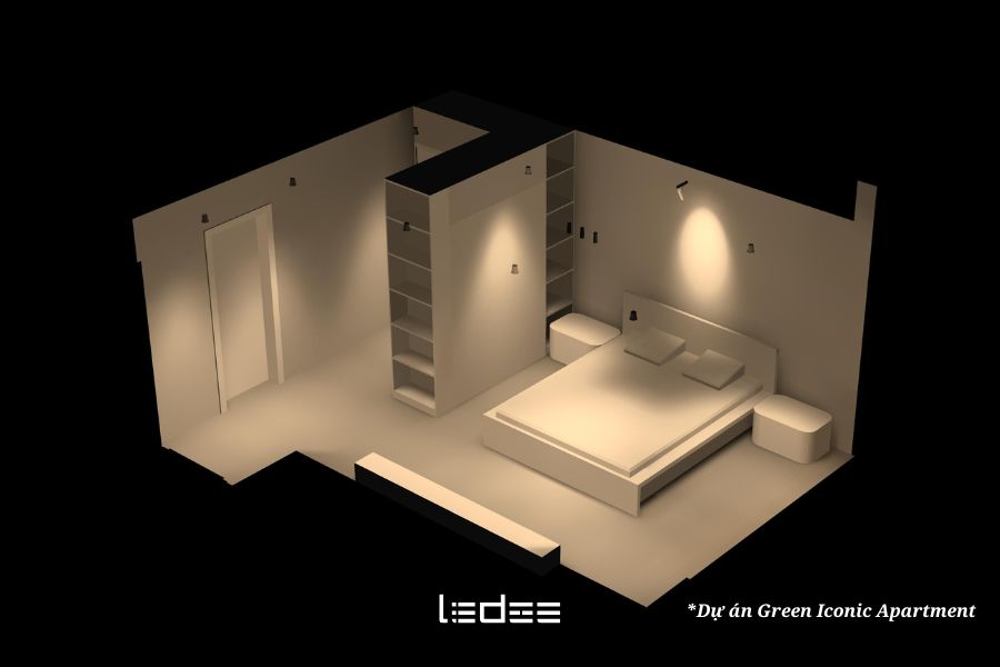 5 loại đèn chiếu sáng nghệ thuật 2026 mà dân kiến trúc cần cập nhật 15 Không gian phòng ngủ hiện đại với đèn LED âm trần chỉnh hướng trên trần, ánh sáng được xoay để chiếu vào tranh treo tường hoặc kệ trang trí.