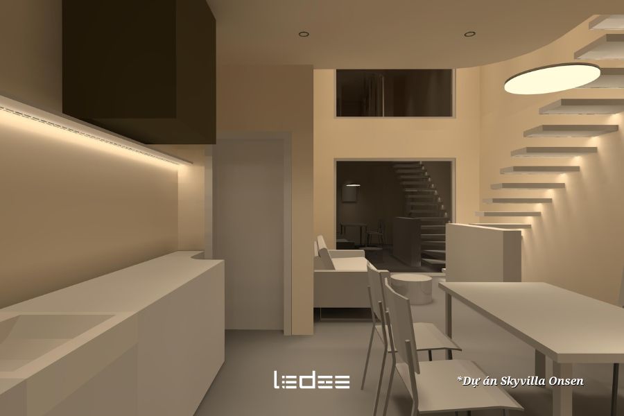 5 loại đèn chiếu sáng nghệ thuật 2026 mà dân kiến trúc cần cập nhật 17 Cầu thang trong nhà hiện đại với đèn LED âm tường lắp dọc theo bậc thang, ánh sáng dịu nhẹ dẫn lối khi di chuyển ban đêm.