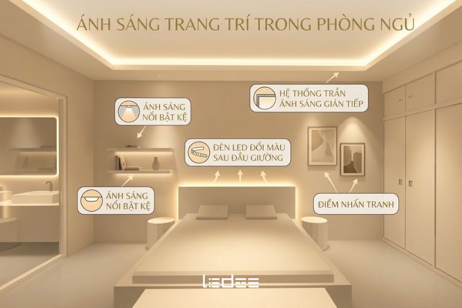Hướng dẫn thiết kế chiếu sáng phòng ngủ khoa học giúp thư giãn 11 Phòng ngủ hiện đại với ánh sáng trang trí dịu nhẹ, tạo không gian ấm áp và thư giãn.