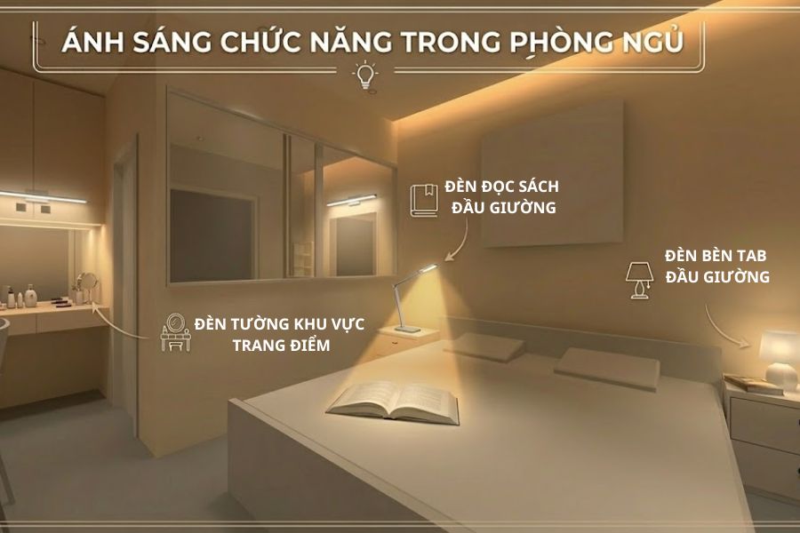Hướng dẫn thiết kế chiếu sáng phòng ngủ khoa học giúp thư giãn 10 Kết hợp ánh sáng chức năng và ánh sáng nền giúp phòng ngủ vừa tiện nghi vừa thư giãn.Ánh sáng trang trí
